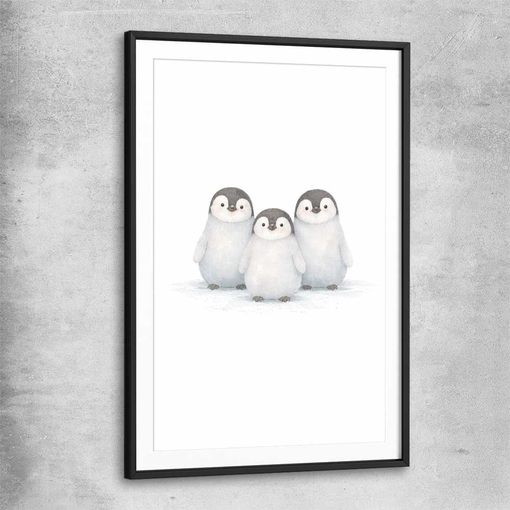 Little Penguin Trio black glass front frame is a nursery canvas wall art and print suited for childrens nursery area