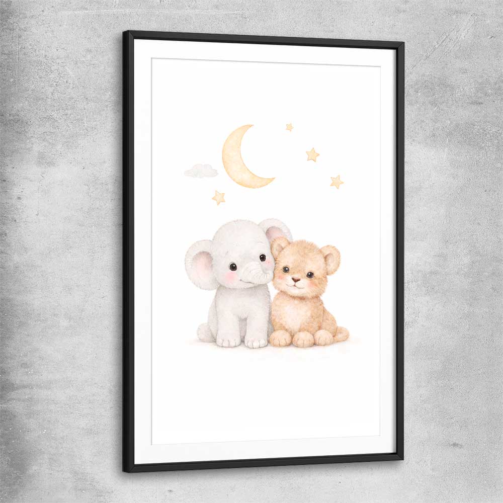 Moonlight Companions black glass front frame is a nursery canvas wall art and print suited for childrens nursery area