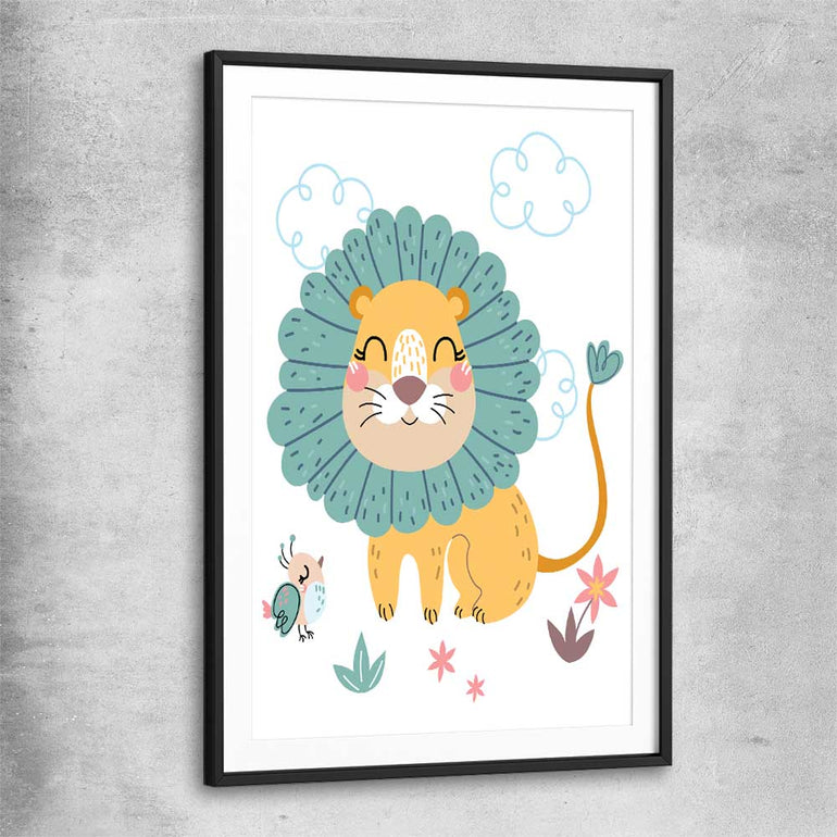 Safari Lion black glass front frame is a nursery canvas wall art and print suited for childrens nursery area
