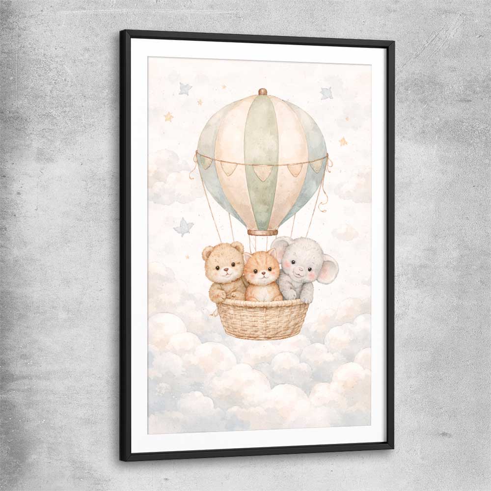 Soaring Animal Trio black glass front frame is a nursery canvas wall art and print suited for childrens nursery area