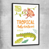 Tropical Adventure black glass front frame is a nursery canvas wall art and print suited for childrens nursery area