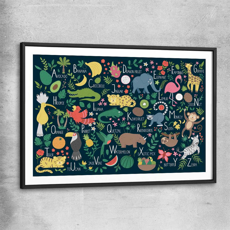 Tropical Alphabet black glass front frame is a nursery canvas wall art and print suited for childrens nursery area