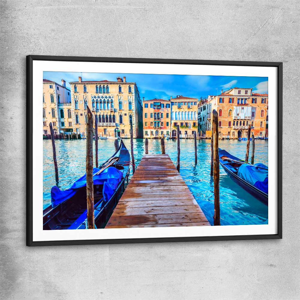 Blue Gondolas Venice black glass front frame is a high quality print in our city skyline, travel prints and maps collection