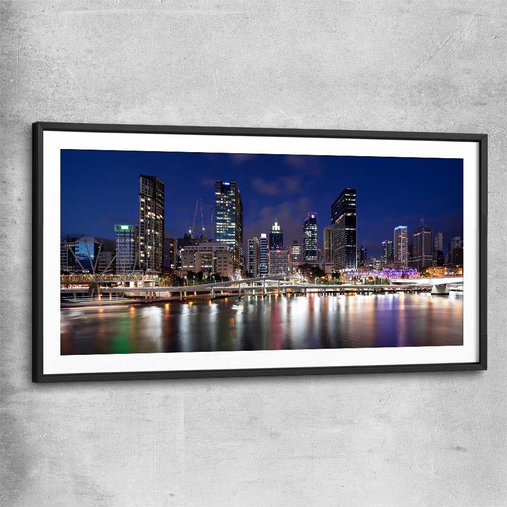 Brisbane Southbank Glow black glass front frame is a high quality print in our city skyline, travel prints and maps collection