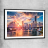Brisbane Sunset Glow black glass front frame is a high quality print in our city skyline, travel prints and maps collection