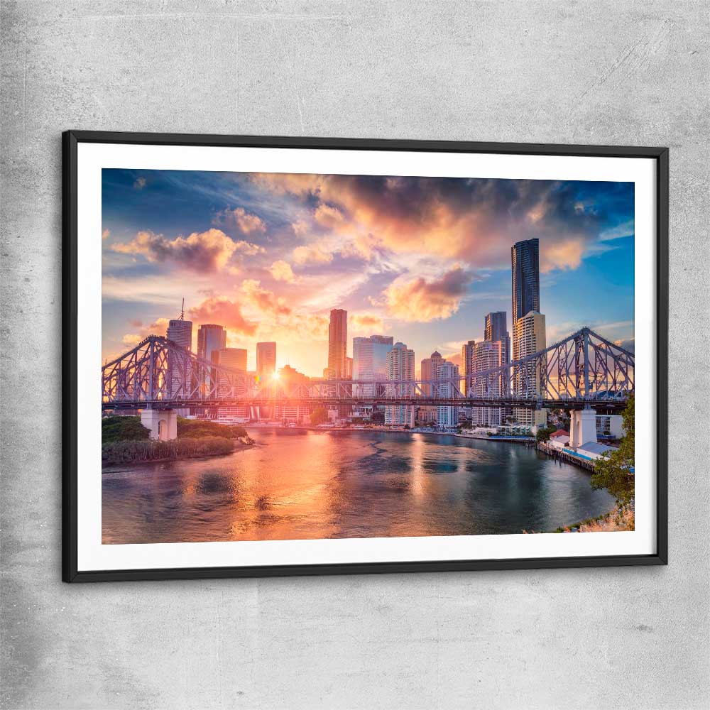 Brisbane Sunset Glow black glass front frame is a high quality print in our city skyline, travel prints and maps collection