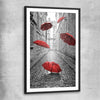Flying Red Umbrellas black glass front frame is a high quality print in our city skyline, travel prints and maps collection