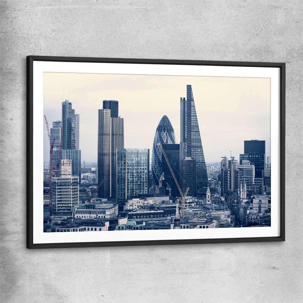 London Cityscape black glass front frame is a high quality print in our city skyline, travel prints and maps collection