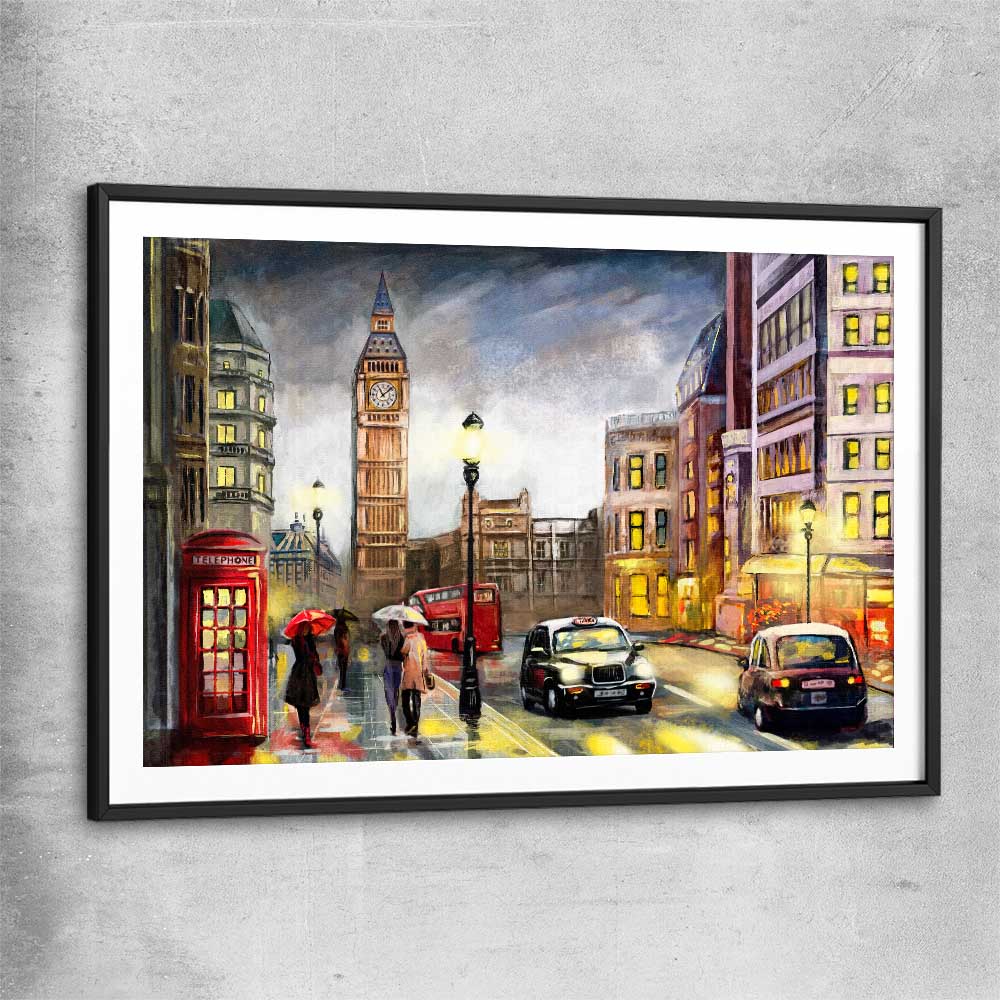 London Night Rain black glass front frame is a high quality print in our city skyline, travel prints and maps collection