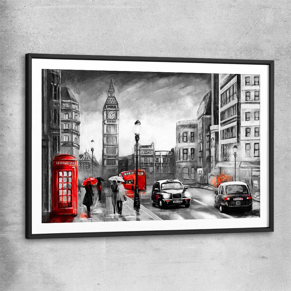 London Streetscape black glass front frame is a high quality print in our city skyline, travel prints and maps collection
