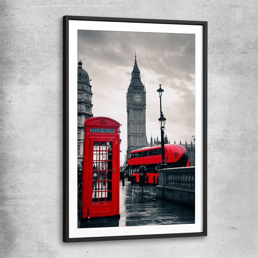 London Telephone Box black glass front frame is a high quality print in our city skyline, travel prints and maps collection