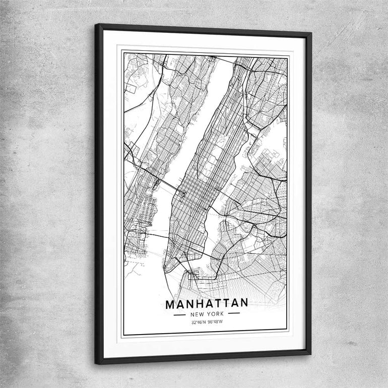 Manhattan City black glass front frame is a high quality print in our city skyline, travel prints and maps collection