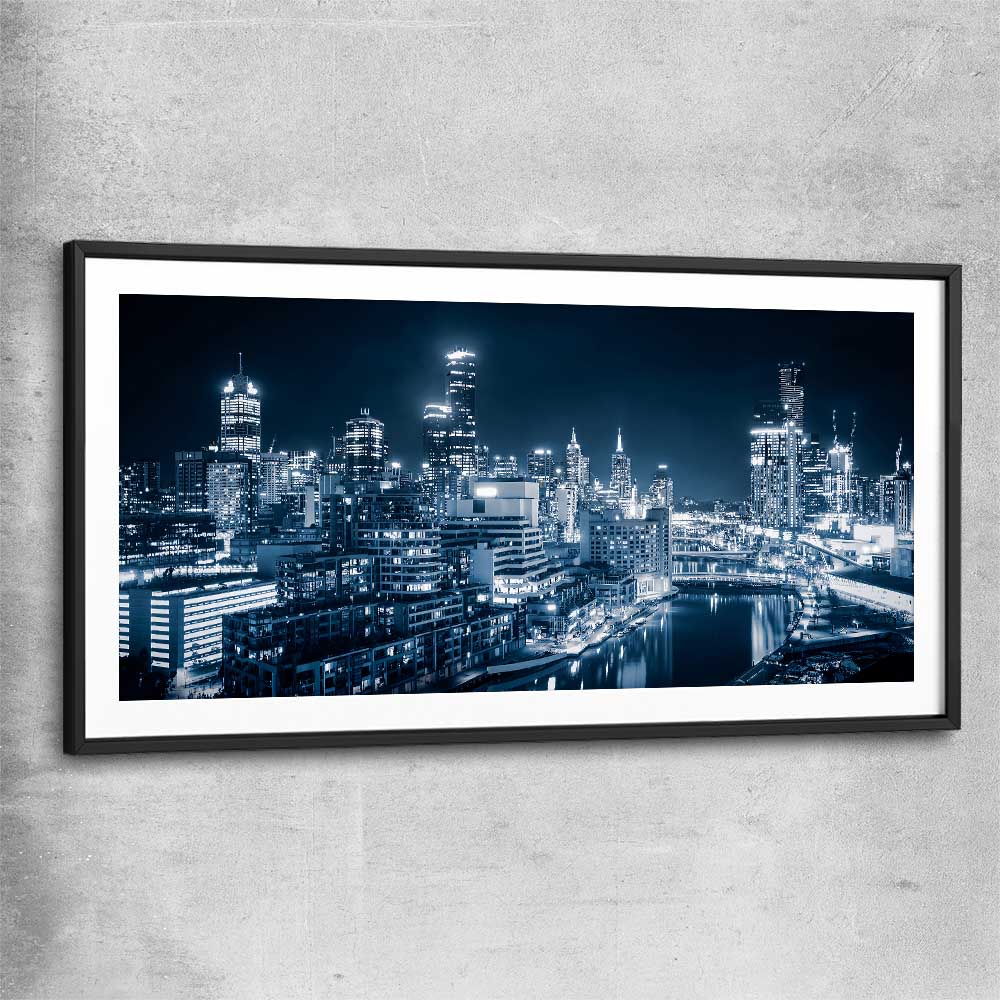 Melbourne City Glow black glass front frame is a high quality print in our city skyline, travel prints and maps collection