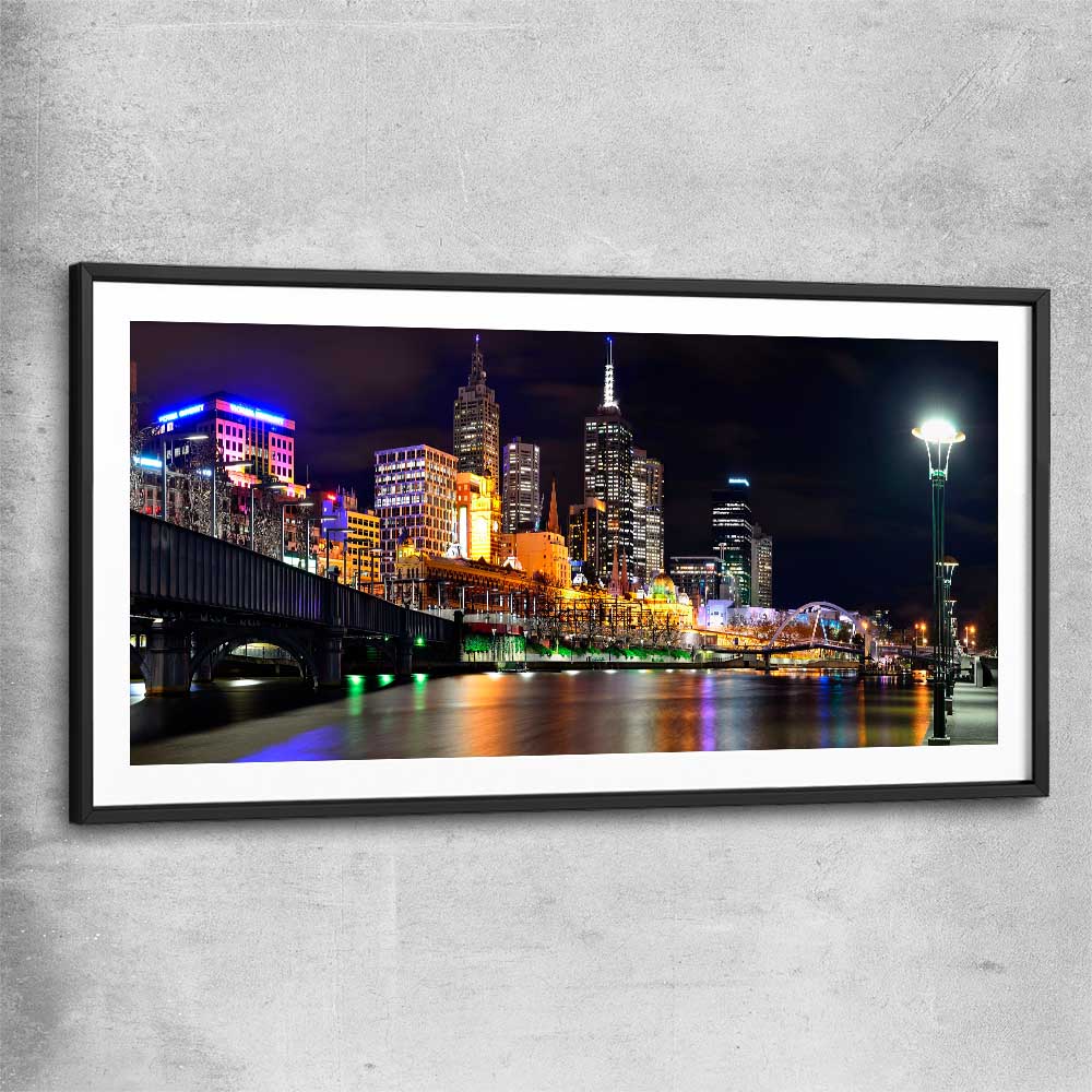Melbourne City Lights black glass front frame is a high quality print in our city skyline, travel prints and maps collection