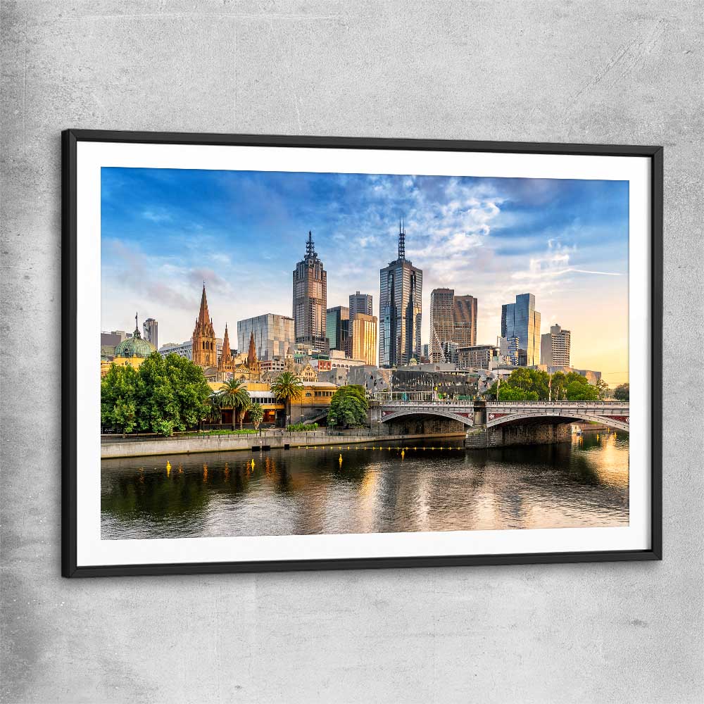 Melbourne Golden Skyline black glass front frame is a high quality print in our city skyline, travel prints and maps collection