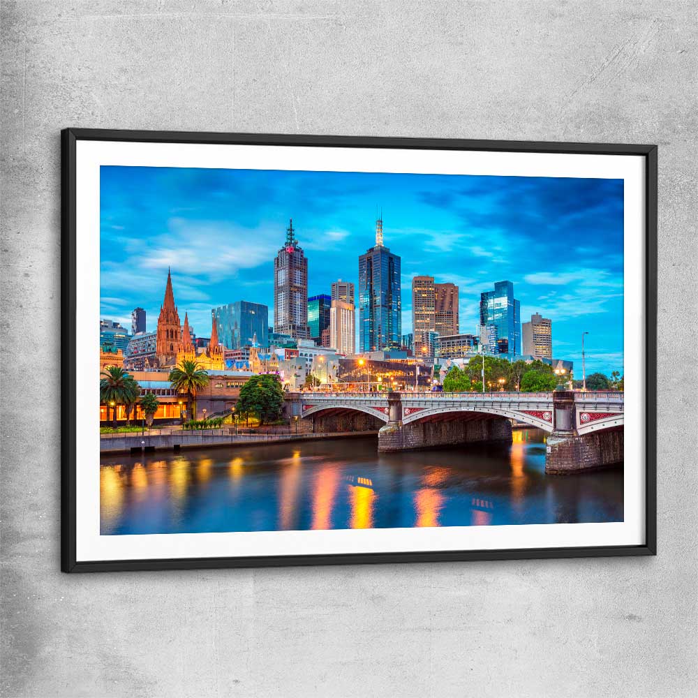 Melbourne Twilight Skyline black glass front frame is a high quality print in our city skyline, travel prints and maps collection