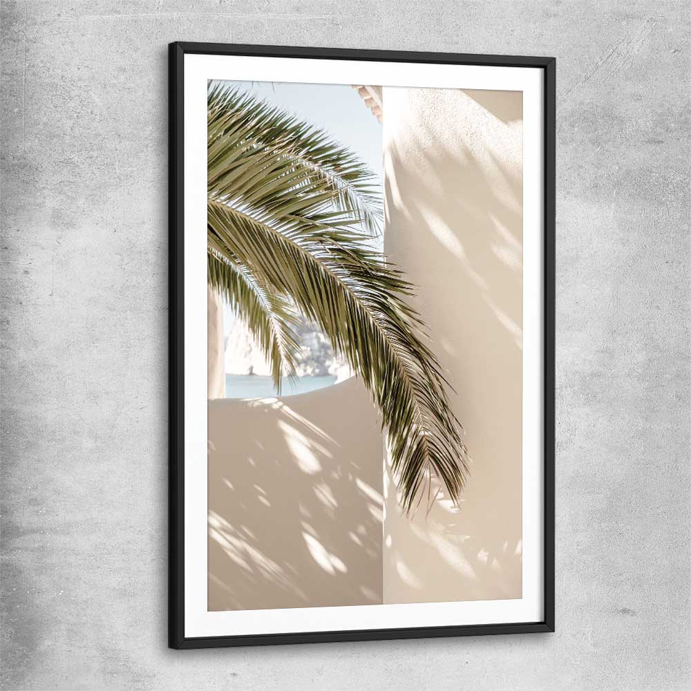 Moroccan Palm Shadow black glass front frame is a high quality print in our city skyline, travel prints and maps collection