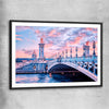 Paris Bridge Sunset black glass front frame is a high quality print in our city skyline, travel prints and maps collection