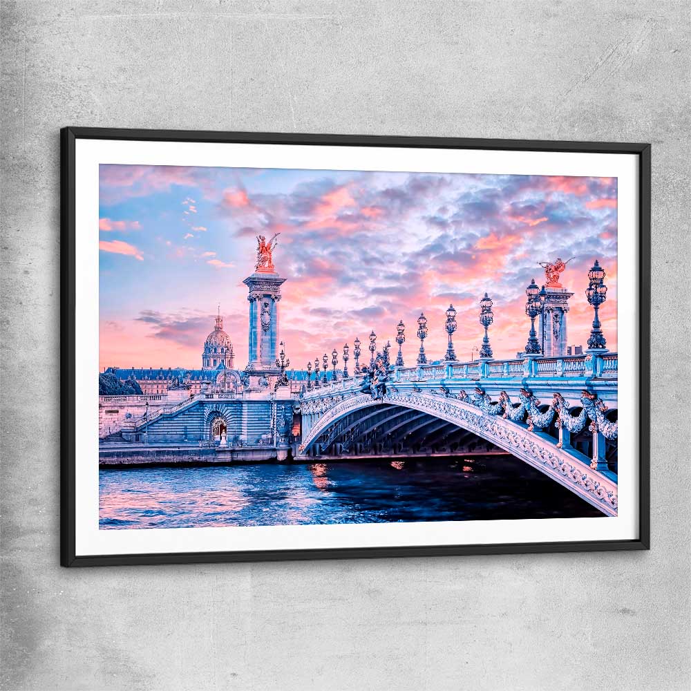 Paris Bridge Sunset black glass front frame is a high quality print in our city skyline, travel prints and maps collection