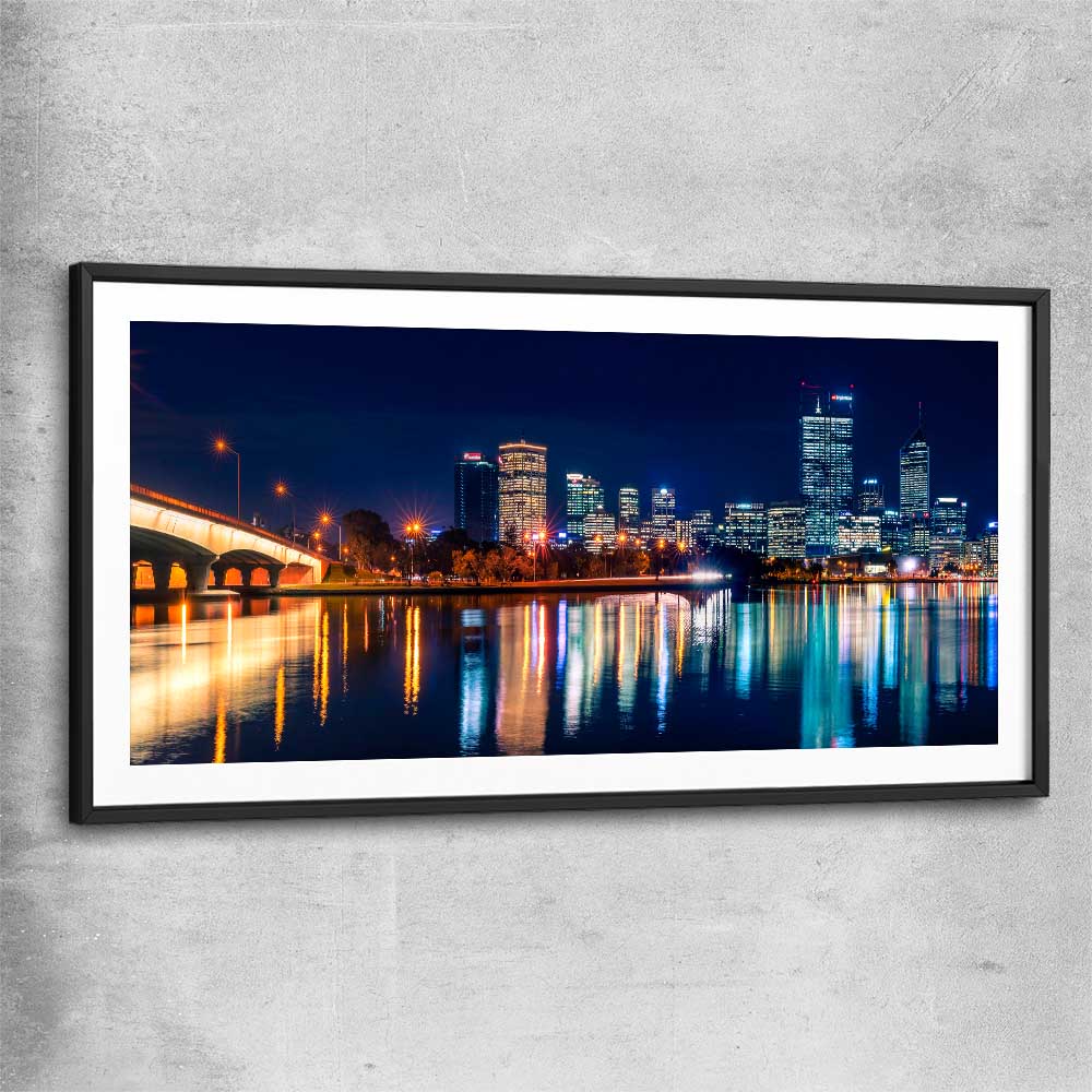 Perth Skyline Glow black glass front frame is a high quality print in our city skyline, travel prints and maps collection