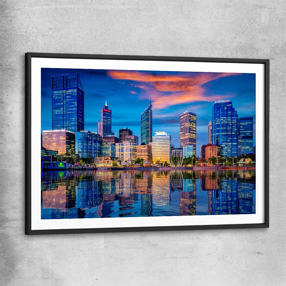 Perth Skyline Sunset black glass front frame is a high quality print in our city skyline, travel prints and maps collection