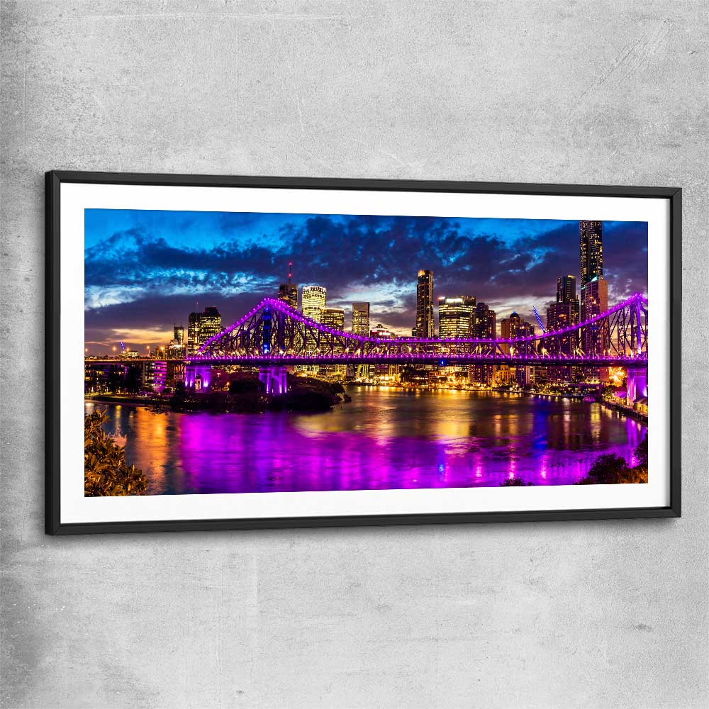 Story Bridge Glow black glass front frame is a high quality print in our city skyline, travel prints and maps collection