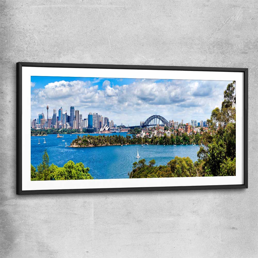 Sydney Harbour Panorama black glass front frame is a high quality print in our city skyline, travel prints and maps collection