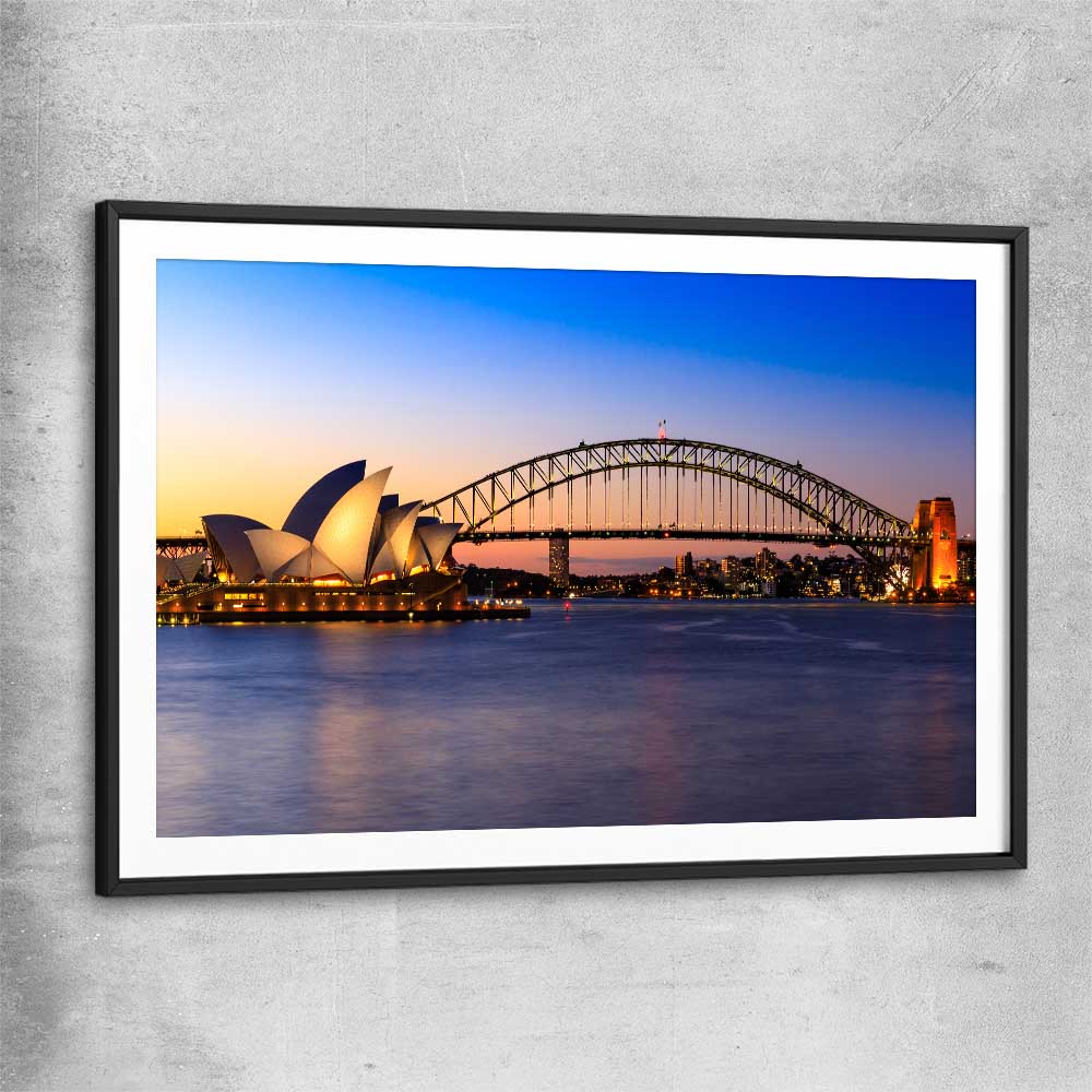 Sydney Harbour Sunset black glass front frame is a high quality print in our city skyline, travel prints and maps collection