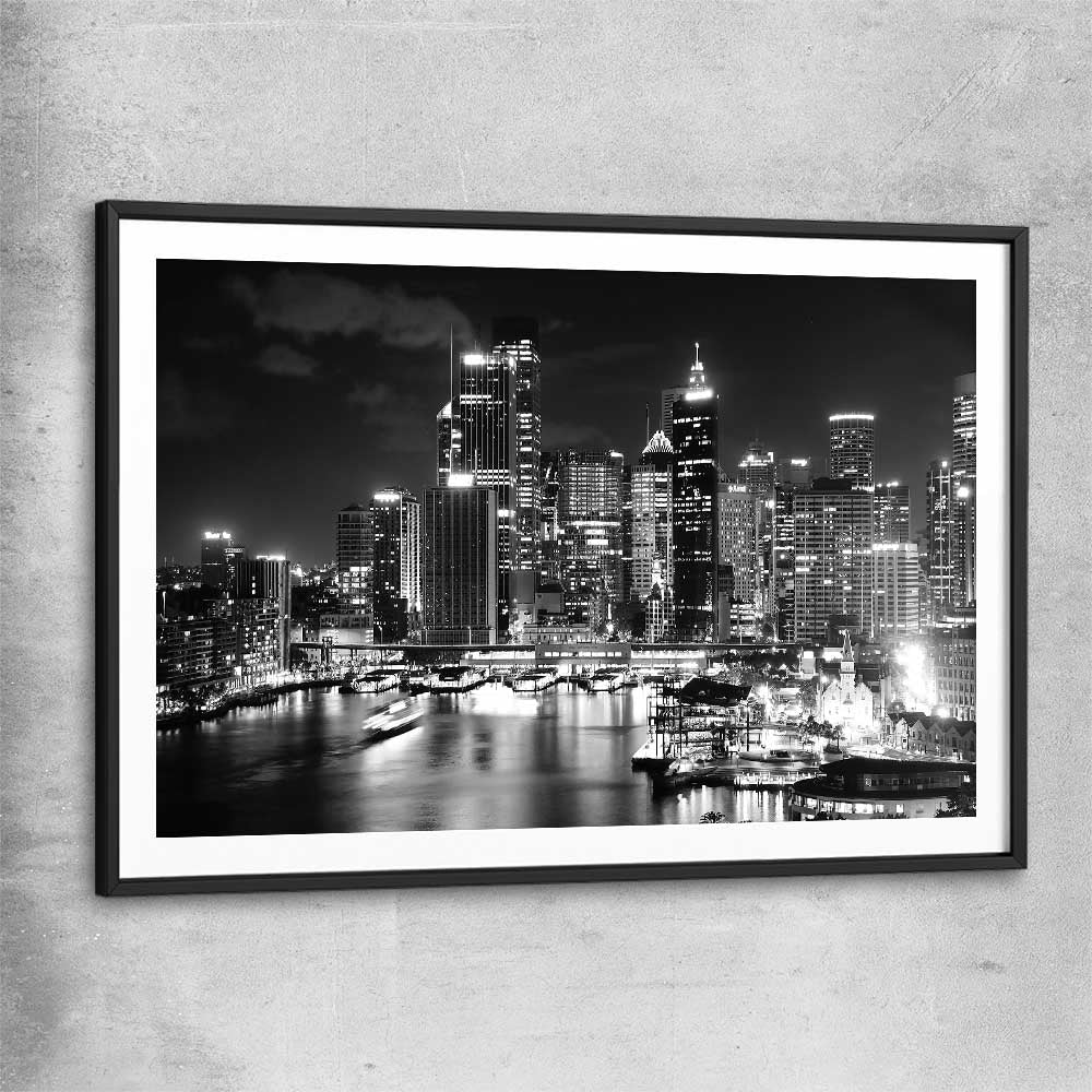 Sydney Night Skyline black glass front frame is a high quality print in our city skyline, travel prints and maps collection