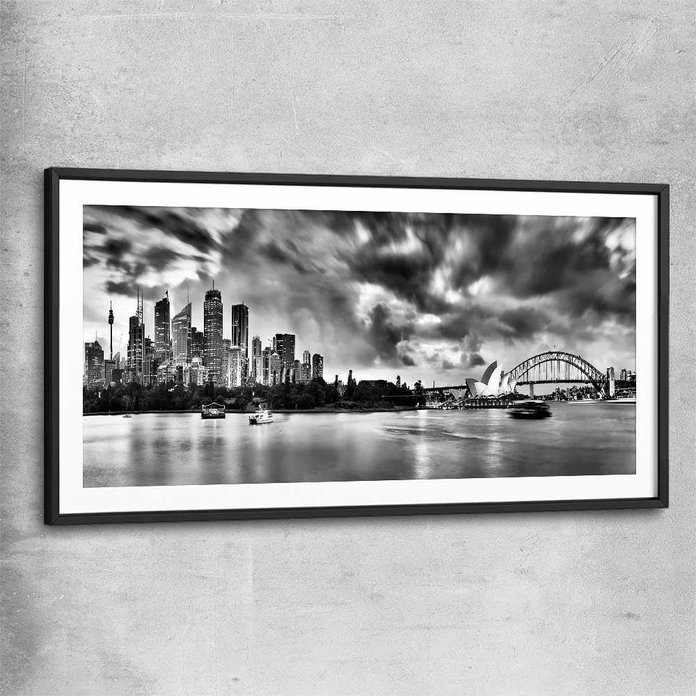 Sydney Skyline Noir black glass front frame is a high quality print in our city skyline, travel prints and maps collection