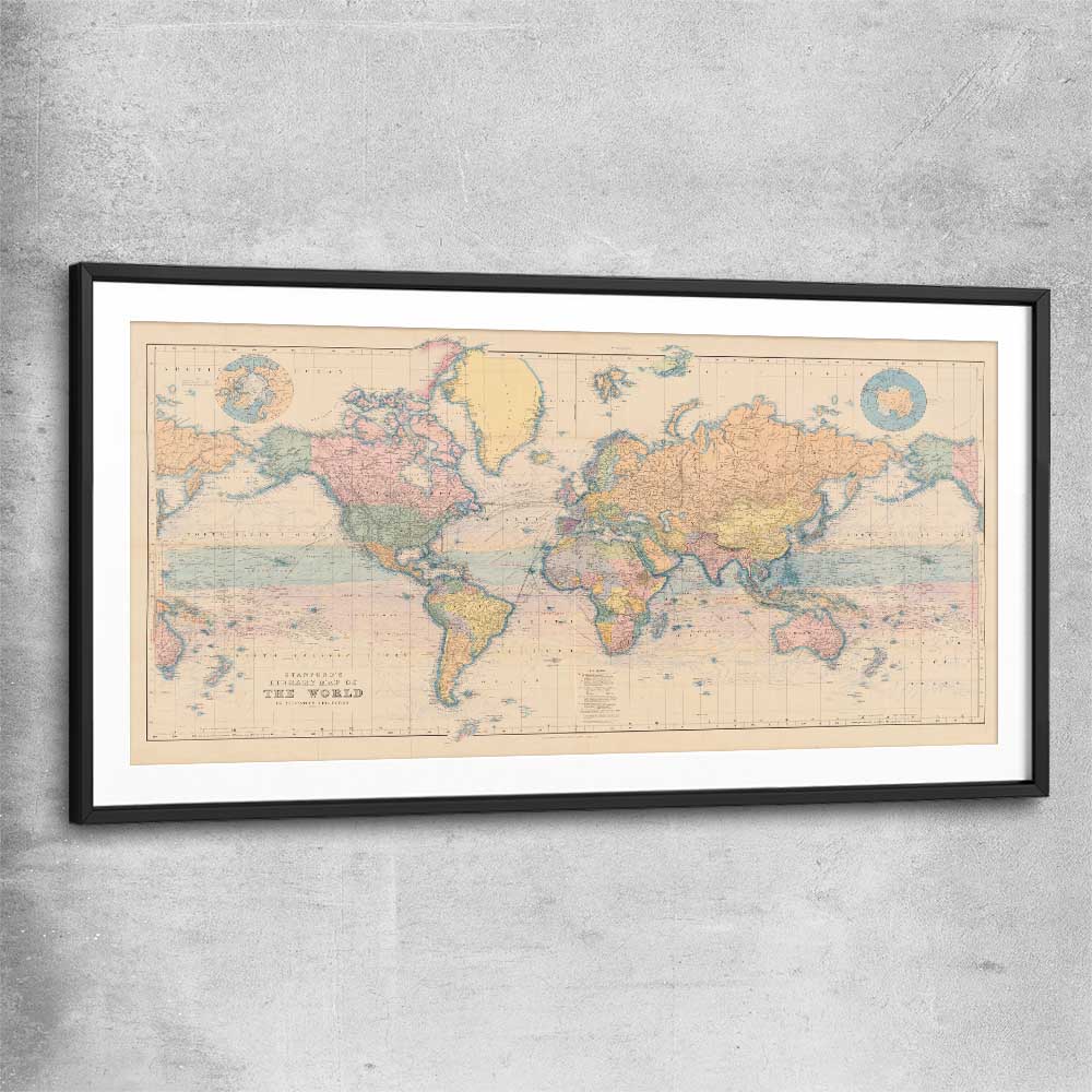 Vintage Map Colour black glass front frame is a high quality print in our city skyline, travel prints and maps collection