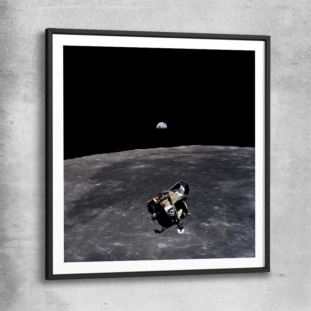 Space prints and wall art of Apollo 11 Earthrise with black glass front frame
