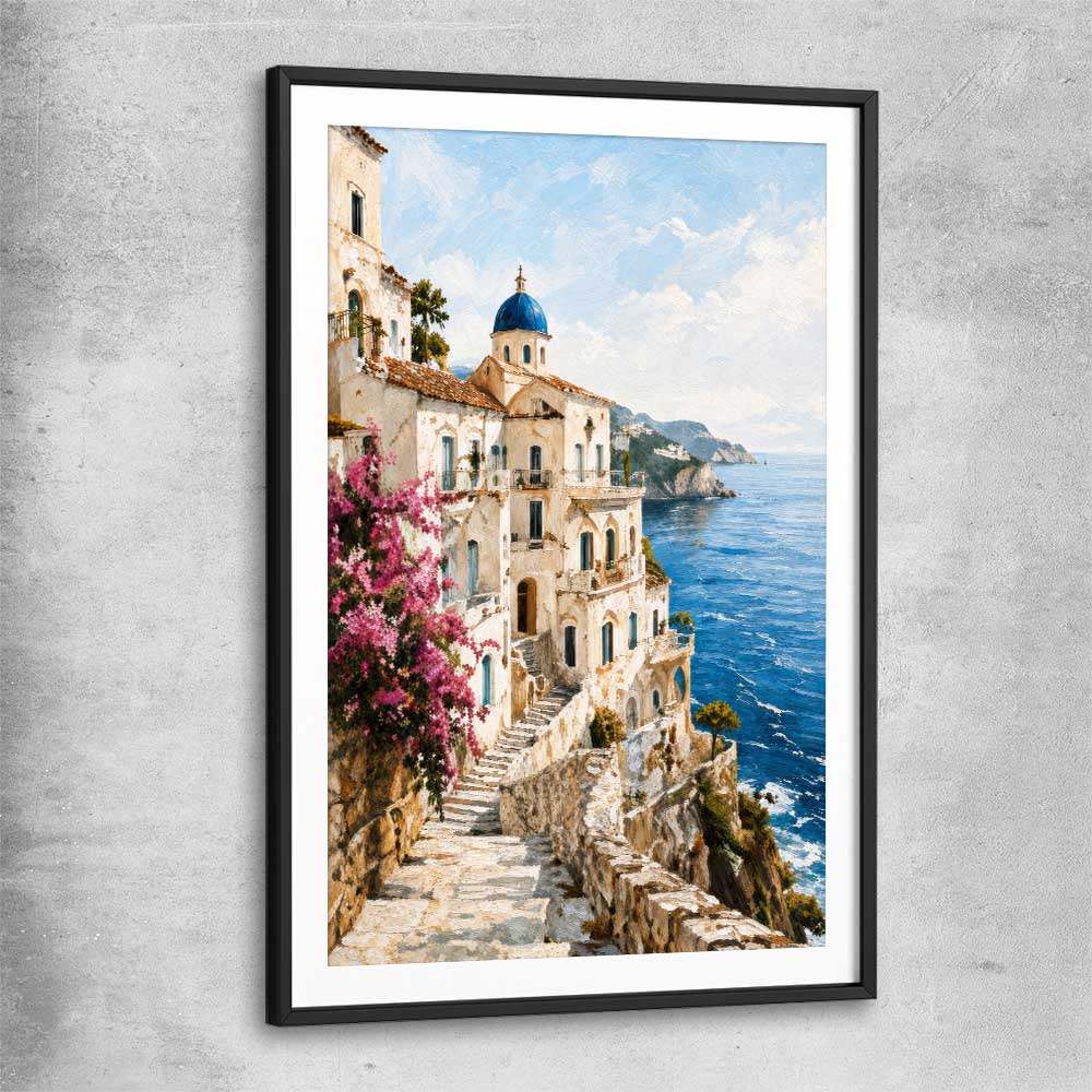 Amalfi Morning black glass front frame is a high quality print in our city skyline, travel prints and maps collection