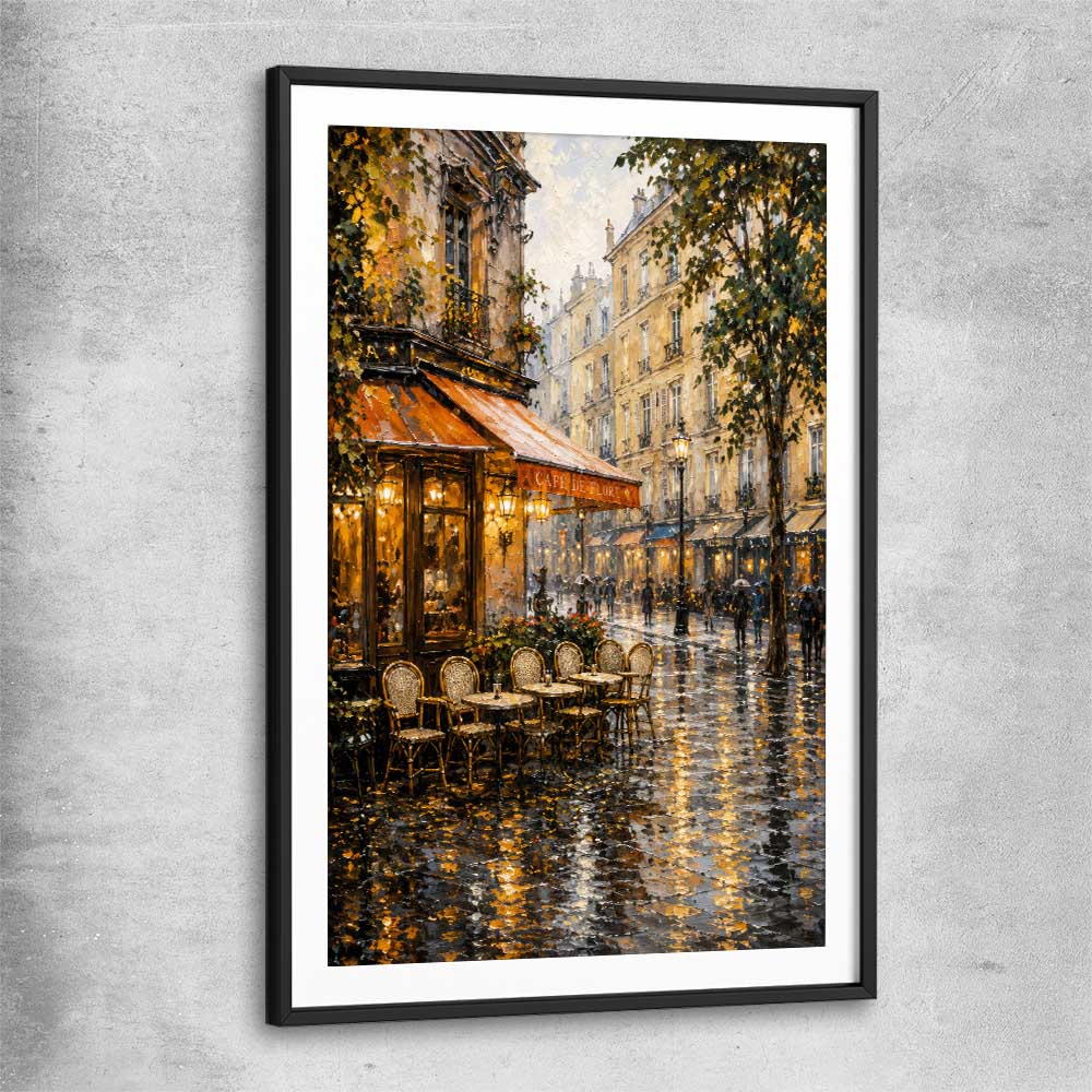 Rainy Paris Cafe black glass front frame is a high quality print in our city skyline, travel prints and maps collection