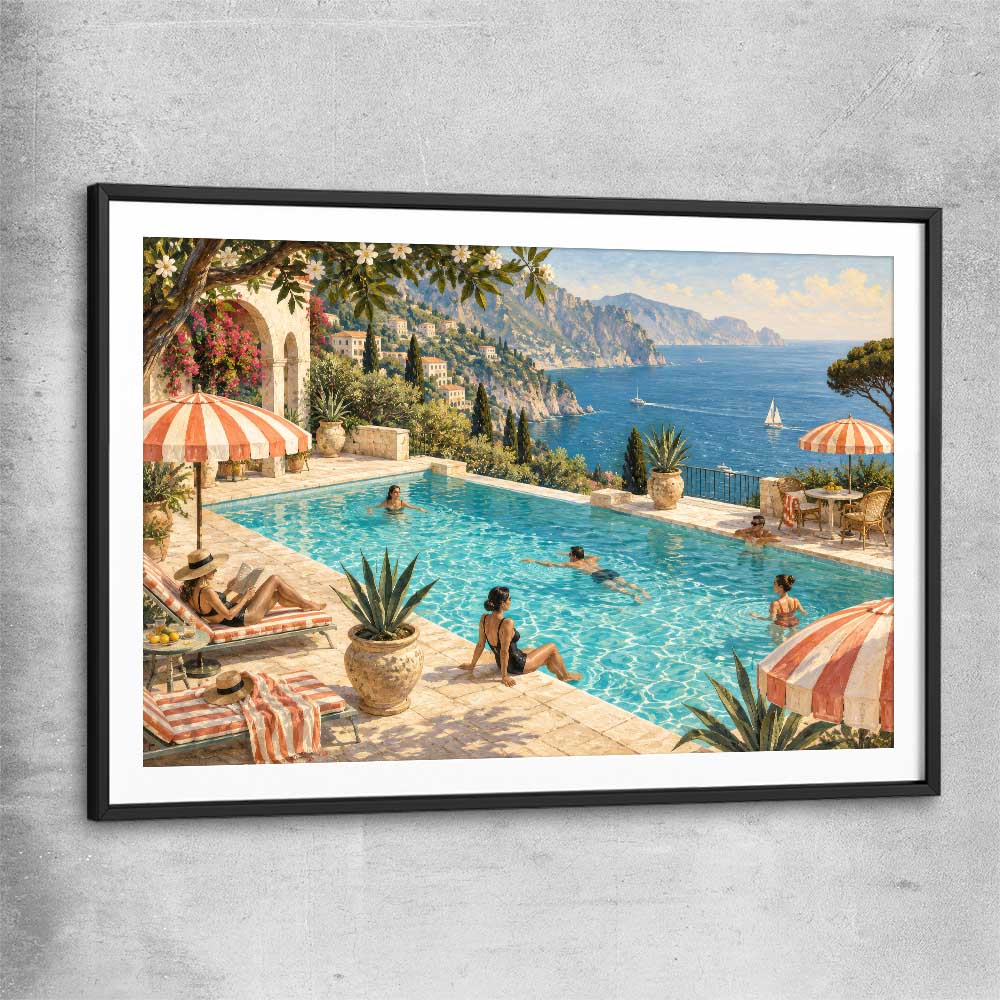 Riviera Poolside black glass front frame is a high quality print in our city skyline, travel prints and maps collection