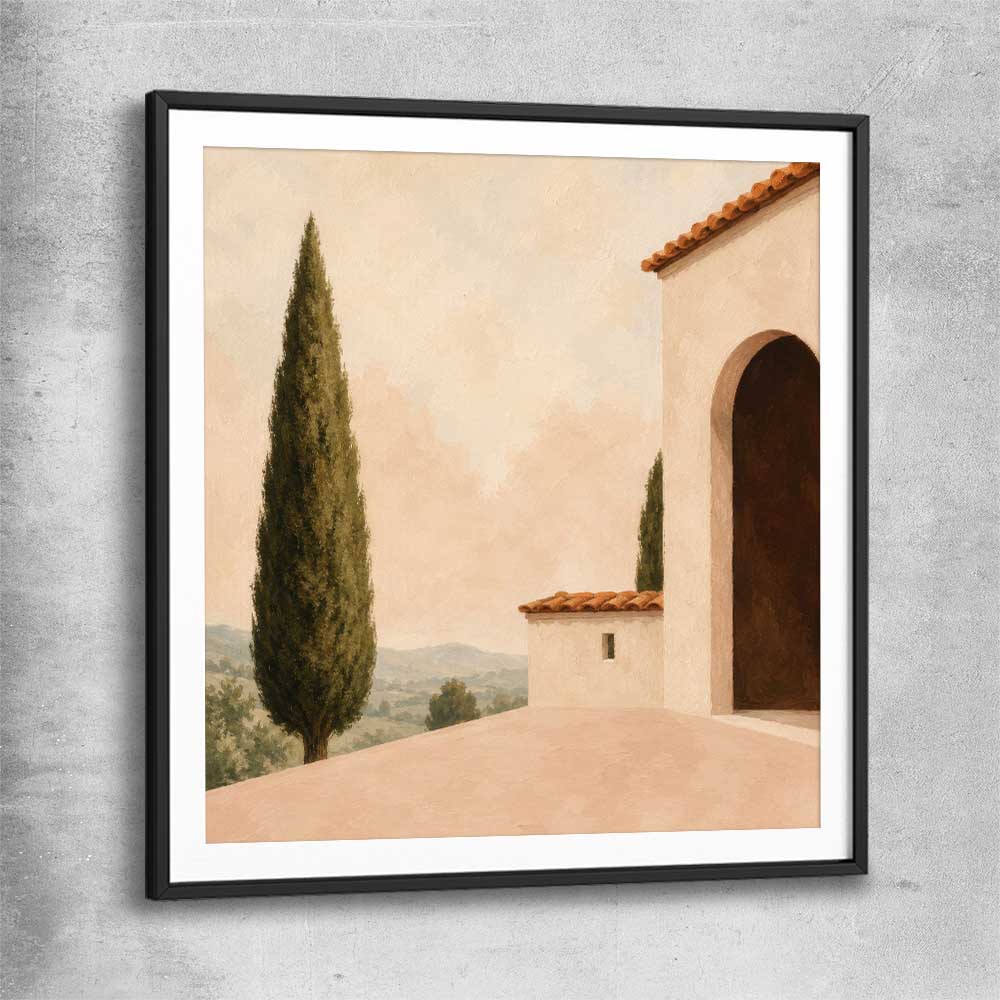 Tuscan Morning black glass front frame is a high quality print in our city skyline, travel prints and maps collection