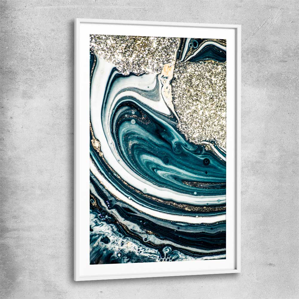 Aqua Swirls white glass front frame - part of our high quality canvas abstract wall art collection