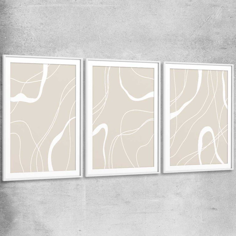 Beige Lines Set white glass front frame - part of our high quality canvas abstract wall art collection