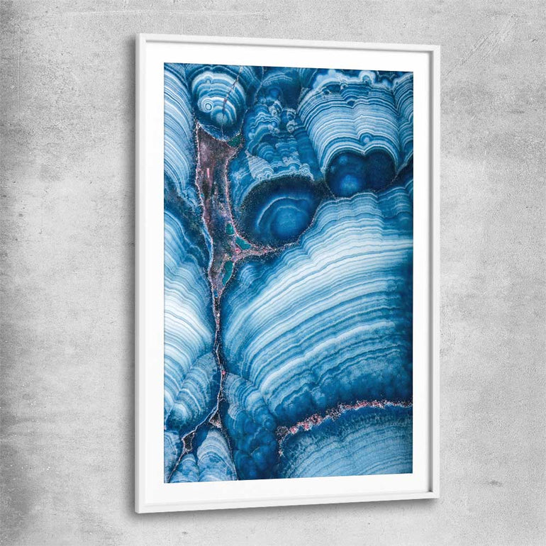 Blue Stratum white glass front frame - part of our high quality canvas abstract wall art collection