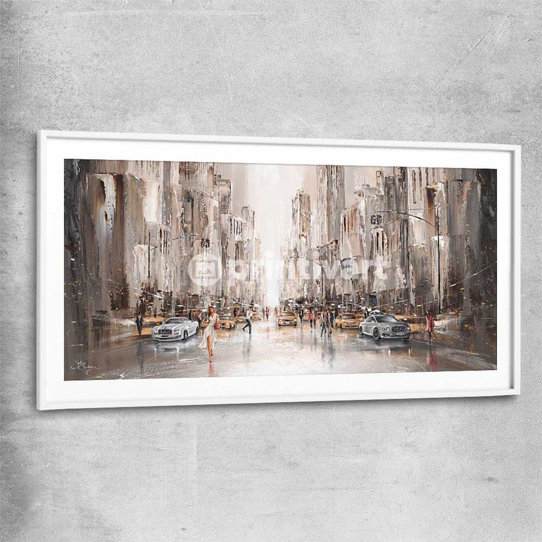 City Life, New York white glass front frame - part of our high quality canvas abstract wall art collection