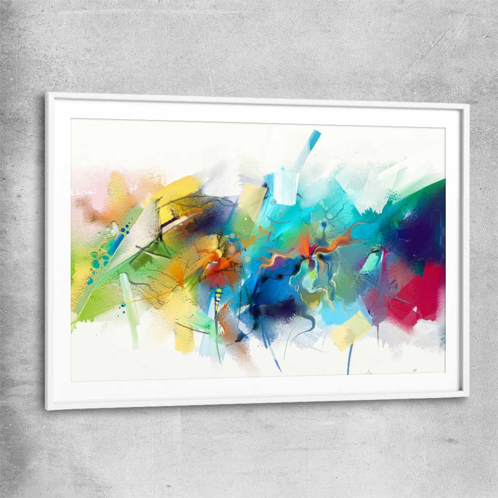 Colourful Abstract Burst white glass front frame - part of our high quality canvas abstract wall art collection
