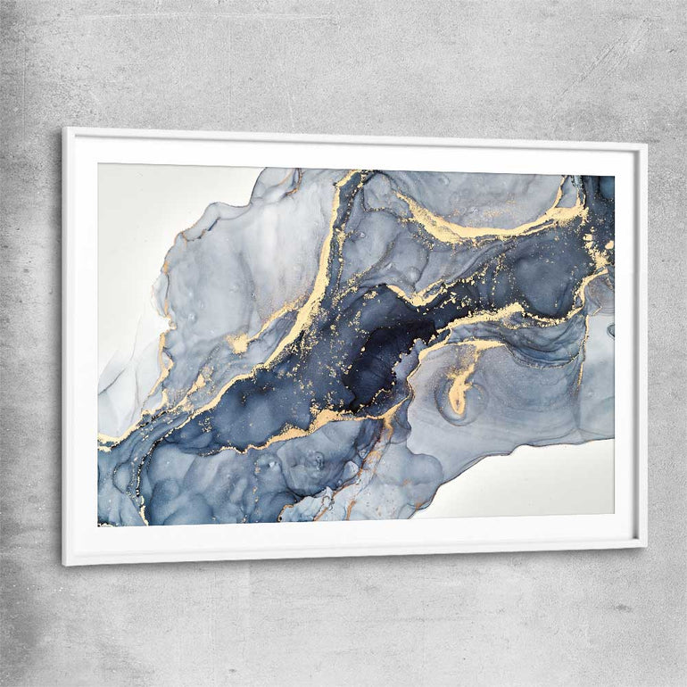 Drifting Blues white glass front frame - part of our high quality canvas abstract wall art collection