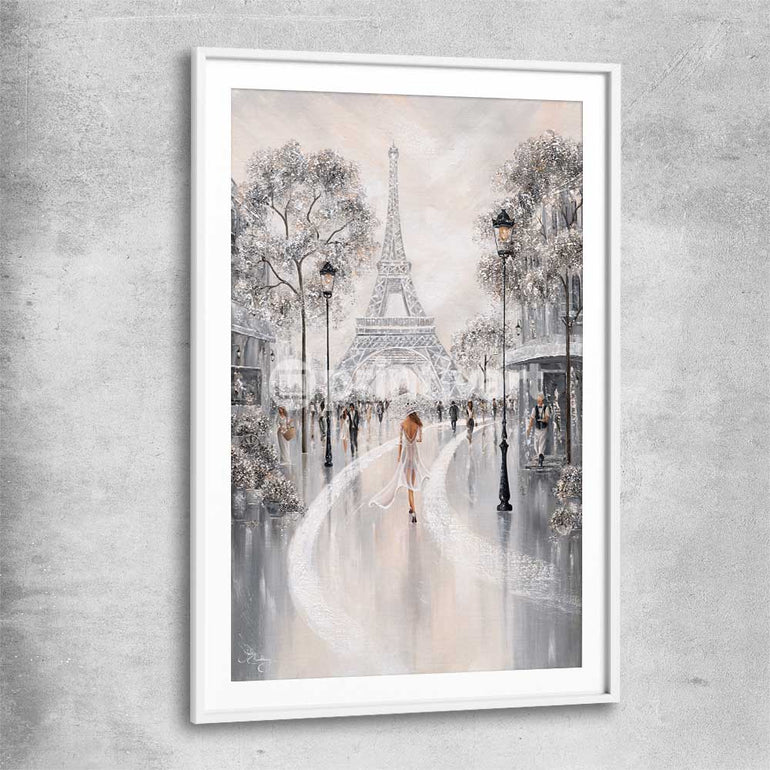 Eiffel Tower, Flair of Paris white glass front frame - part of our high quality canvas abstract wall art collection