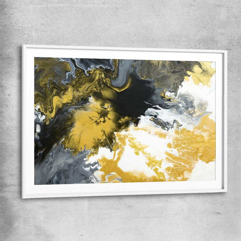 Gold Splash white glass front frame - part of our high quality canvas abstract wall art collection