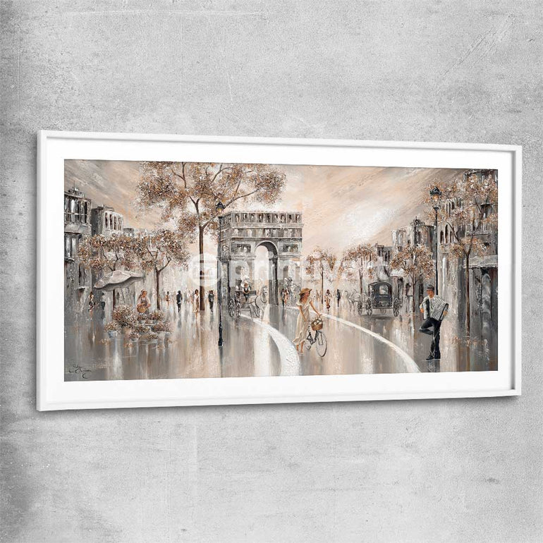 Golden Glimpse, Paris white glass front frame - part of our high quality canvas abstract wall art collection