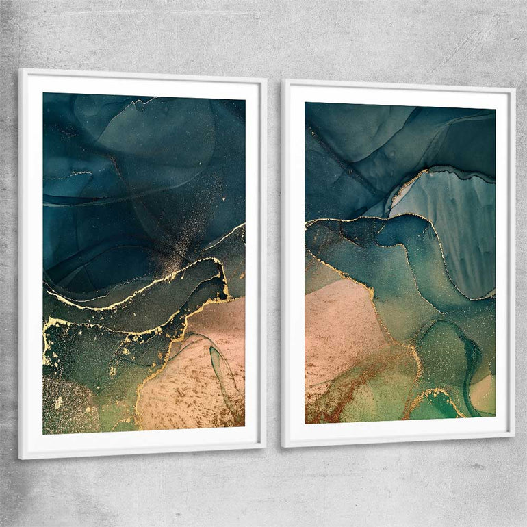 Golden Mist Pair white glass front frame - part of our high quality canvas abstract wall art collection