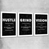 Inspirational wall art print of Hustle Definition Set with white glass front frame