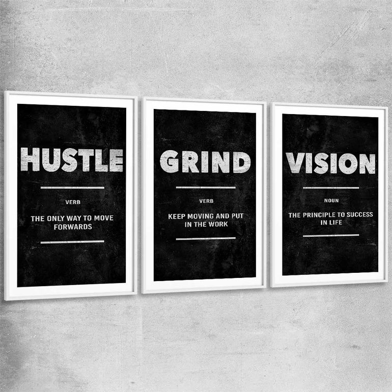 Inspirational wall art print of Hustle Definition Set with white glass front frame