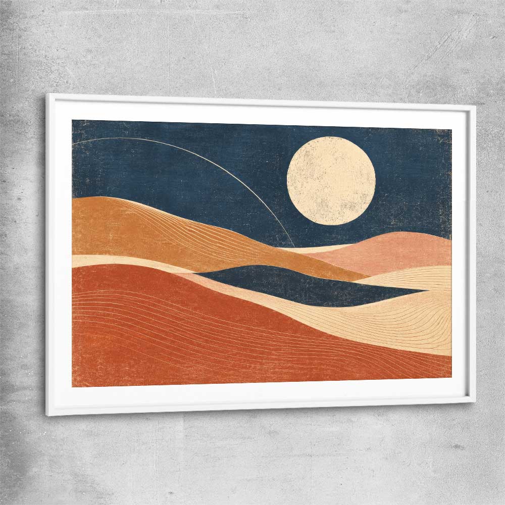 Moonlit Indigo Dunes white glass front frame - part of our high quality canvas abstract wall art collection