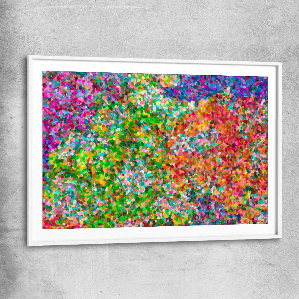 Pointillist Burst white glass front frame - part of our high quality canvas abstract wall art collection